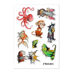 "critter chaos" hand painted sticker sheet by tinker arts